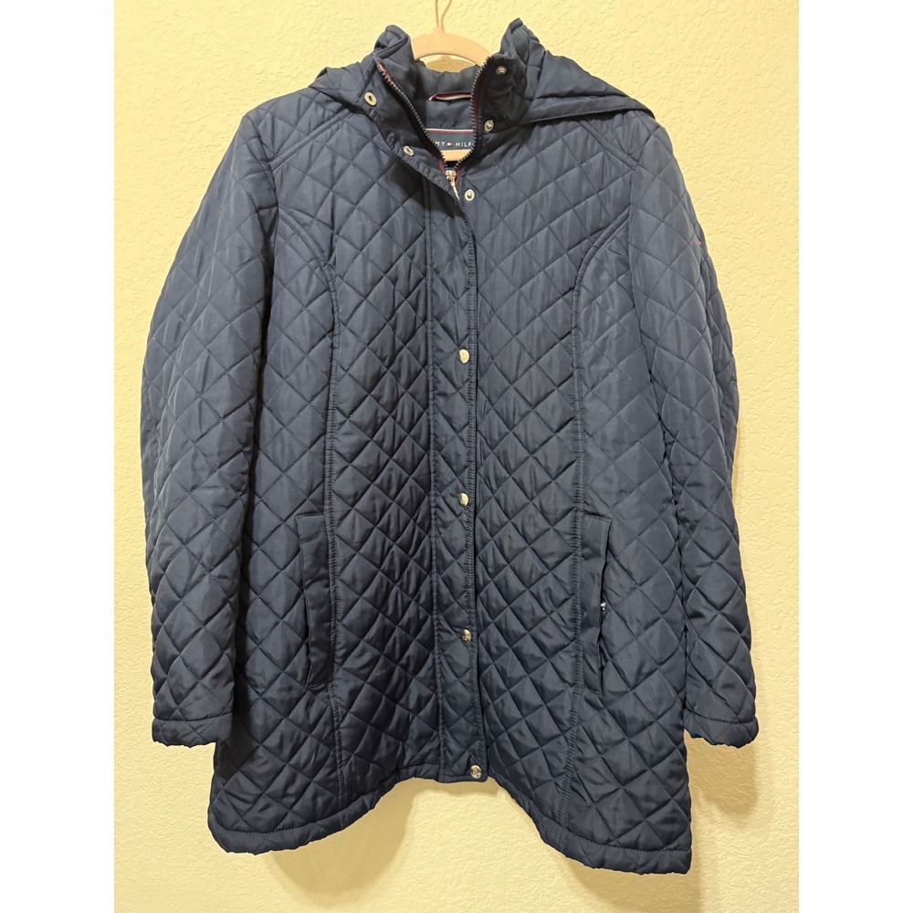 Tommy Hilfiger Quilted Coat‎ Jacket Hooded Snap Button Zip Pockets Navy